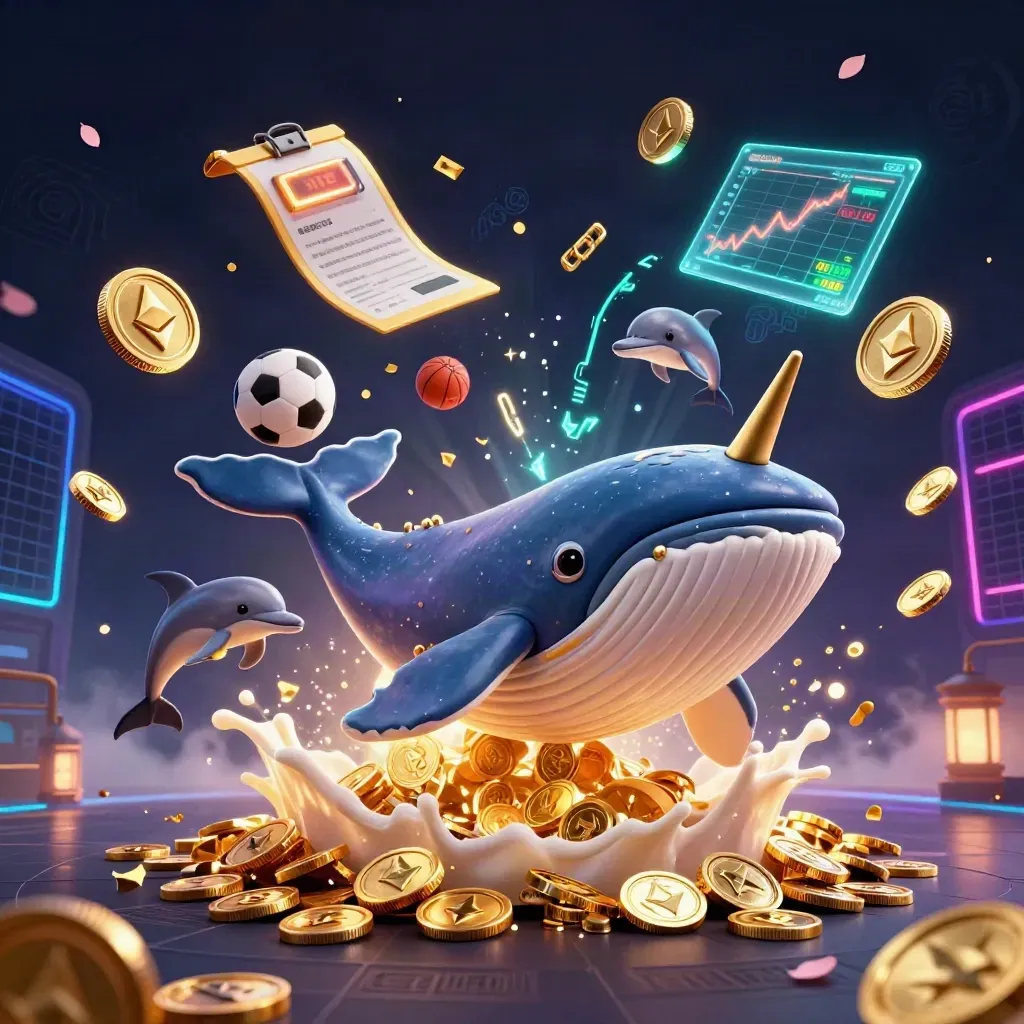 Whale captain, narwhal, and dolphins burst through coins amid neon crypto lights.