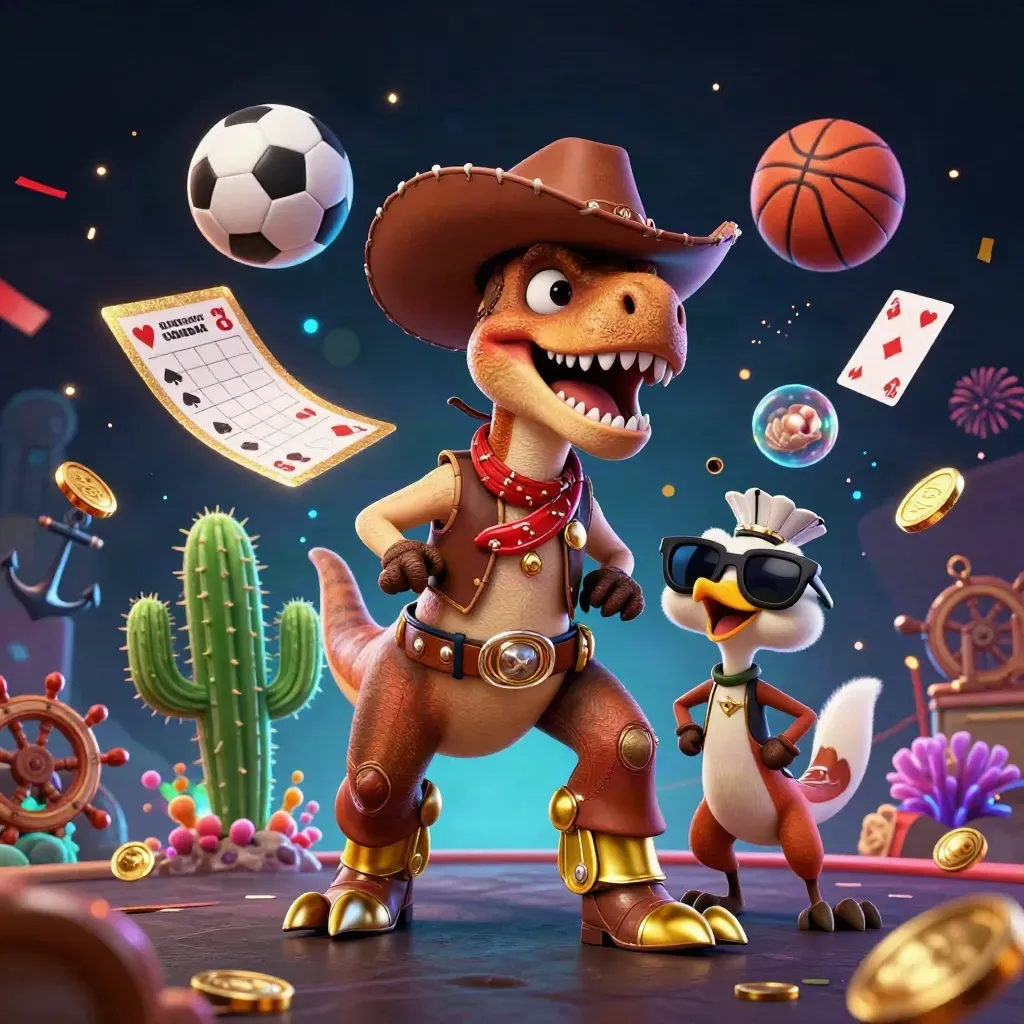Cowboy T-Rex, cactus, and roadrunner amid coins, coral, balls, cards, and sparks.