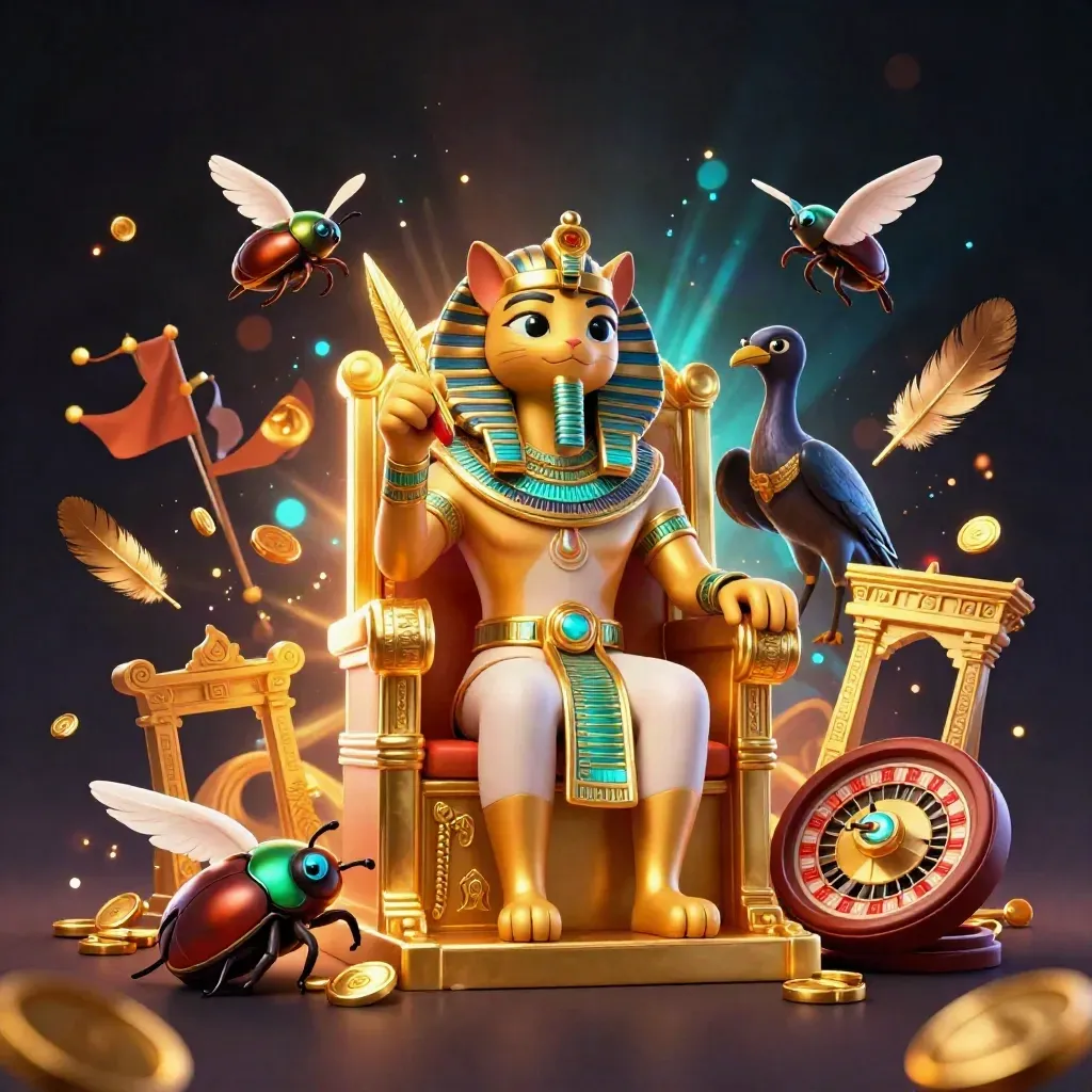 Pharaoh cat, ibis scribe, and gem-winged scarabs in a glowing casino fantasy scene.