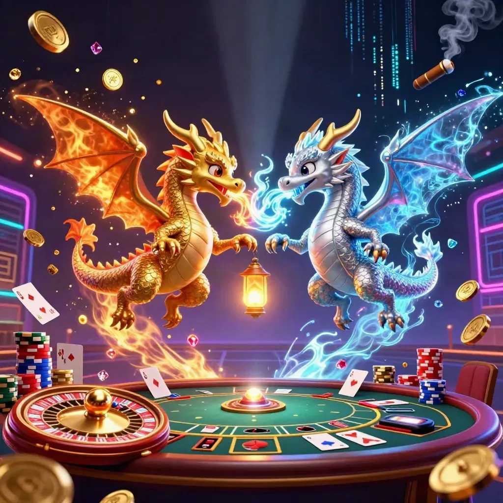 Gold and silver dragons amid casino coins, cards, chips, neon sparks, and a spinning roulette wheel.