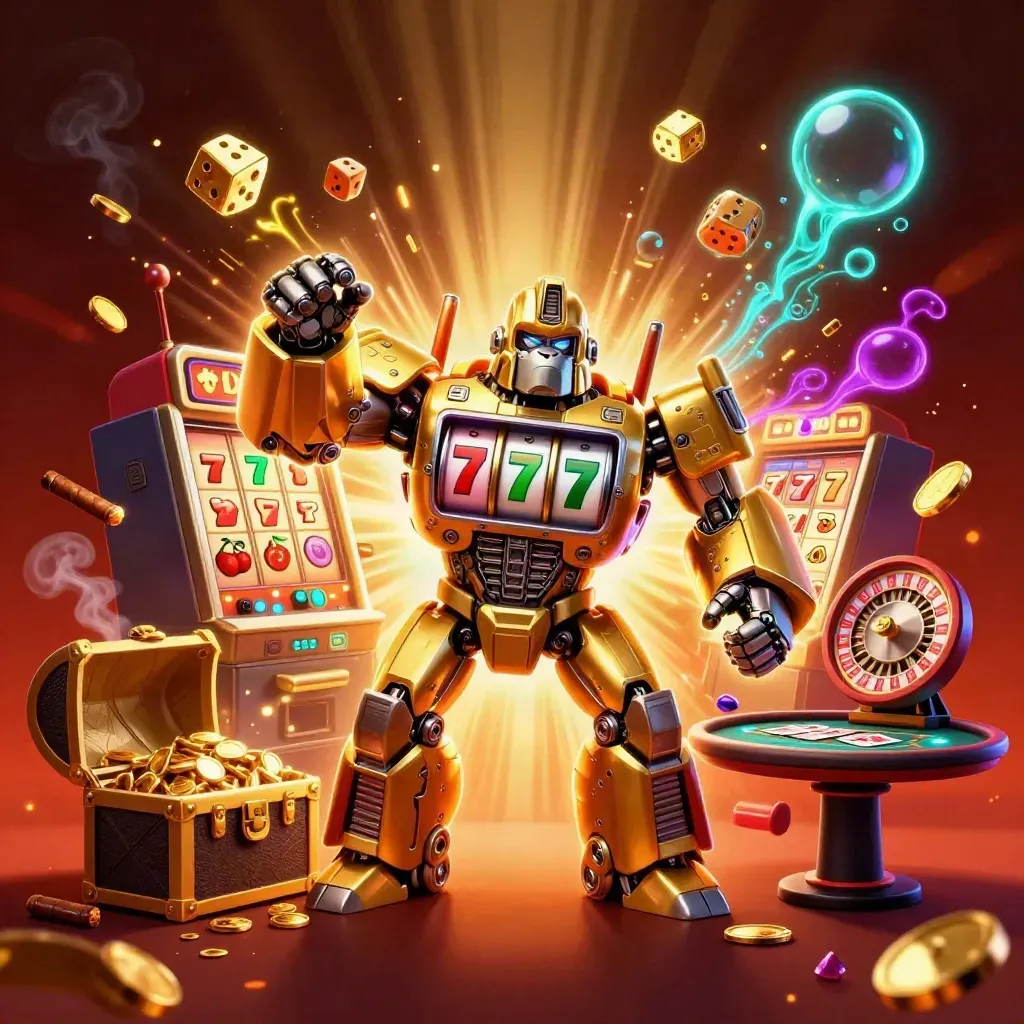 Golden gorilla slot mech with monkey pilot amid jackpot bursts, roulette, smoke and neon casino glow