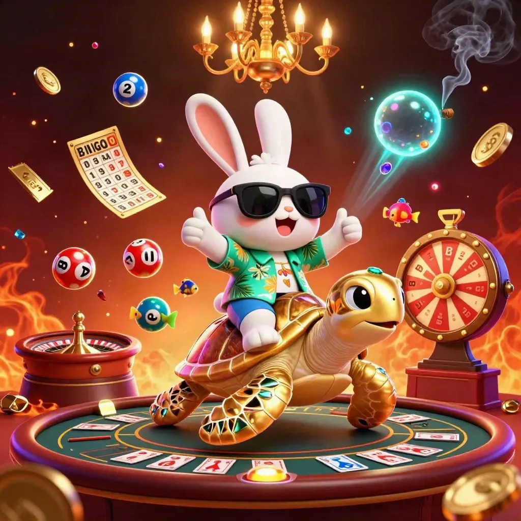 Lucky rabbit on golden sea turtle amid casino lights, wheels, and neon bubbles