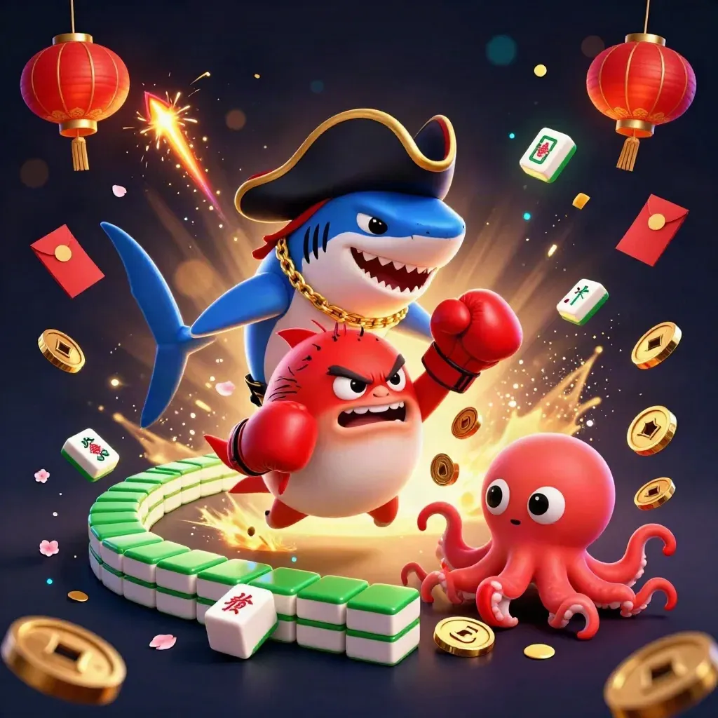 Pirate shark, boxing pufferfish, and juggling octopus amid casino treasures in crimson light.