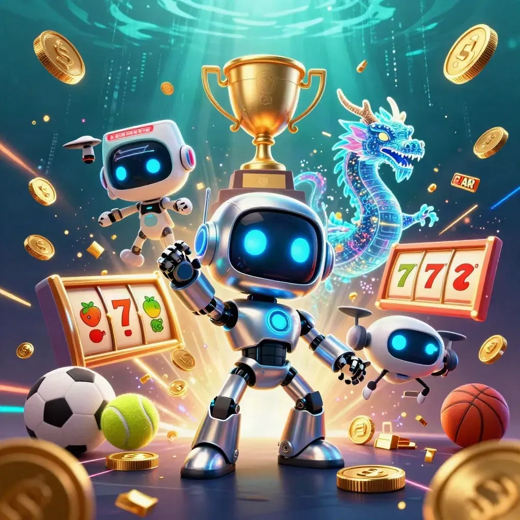 Cyberpunk robot, AI dragon and coin drone amid casino sports balls, gold, reels and electric neon.