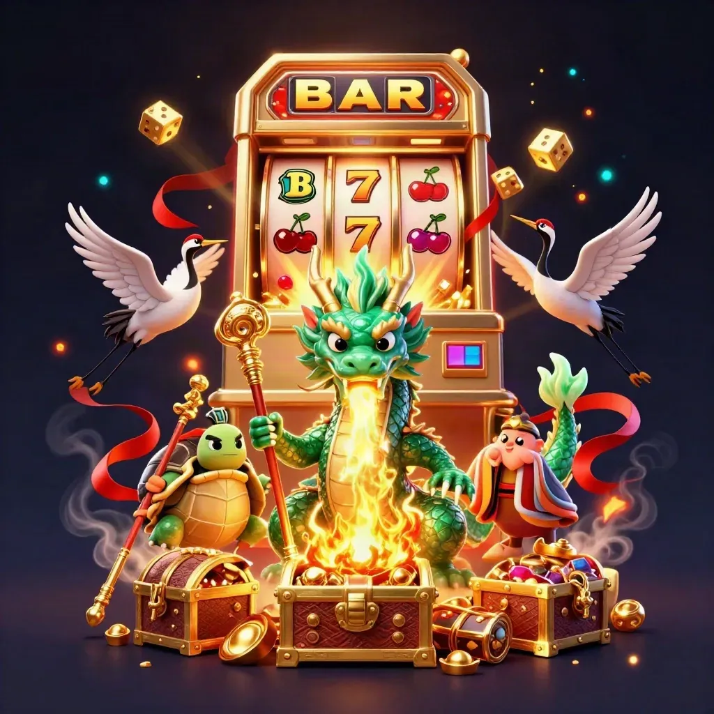 Jade dragon, turtle sage and cranes amid jackpot burst, gold coins and neon-green casino magic