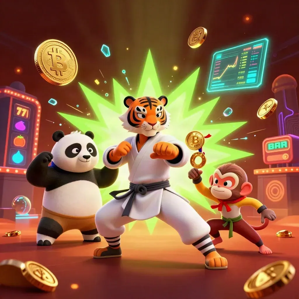 Tiger, panda, and monkey in a neon casino martial-arts burst with coins and gems