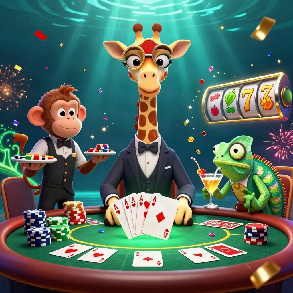 Giraffe, monkey, and chameleon at a neon poker table with chips, cards, confetti, and underwater light.