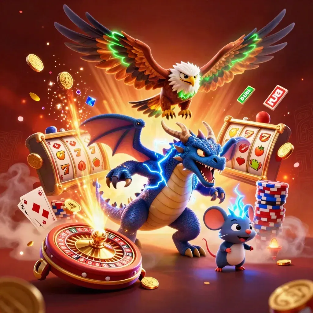 Thunder dragon, wind hawk, and static mouse amid coins, gems, and casino energy.