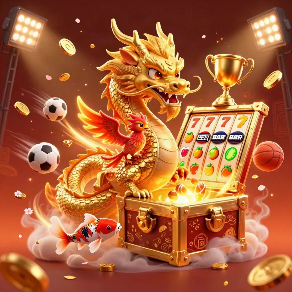 Golden dragon, phoenix, koi, coins, sports balls, and casino bursts in a fiery luxury promo scene.