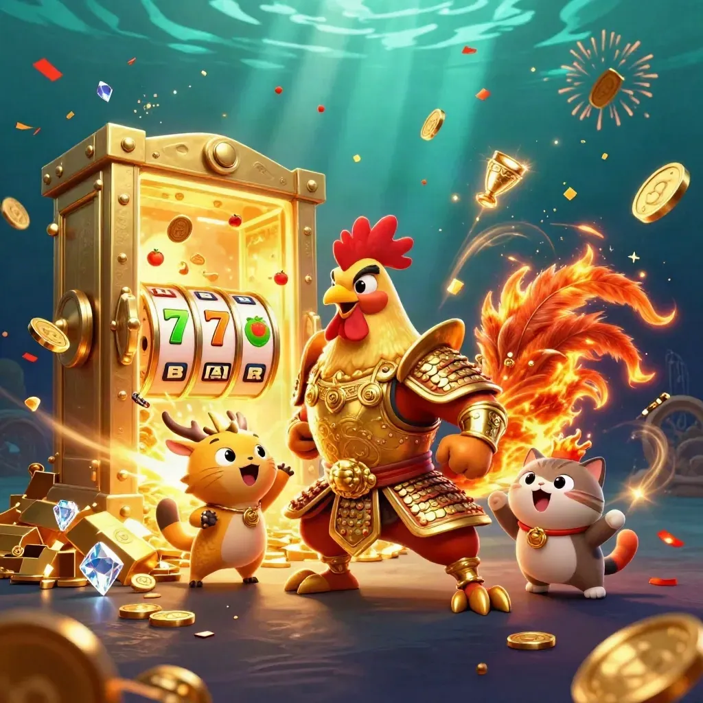 Rooster warrior, dragon hatchling and fortune cat amid an exploding gold vault and casino sparks.