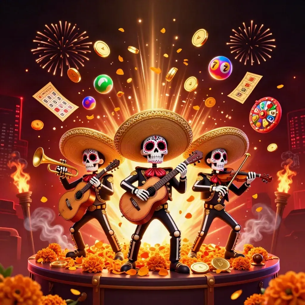 Day-of-the-Dead skeleton mariachi trio amid bursting coins, fireworks, lottery balls, reels, and jackpot glow.
