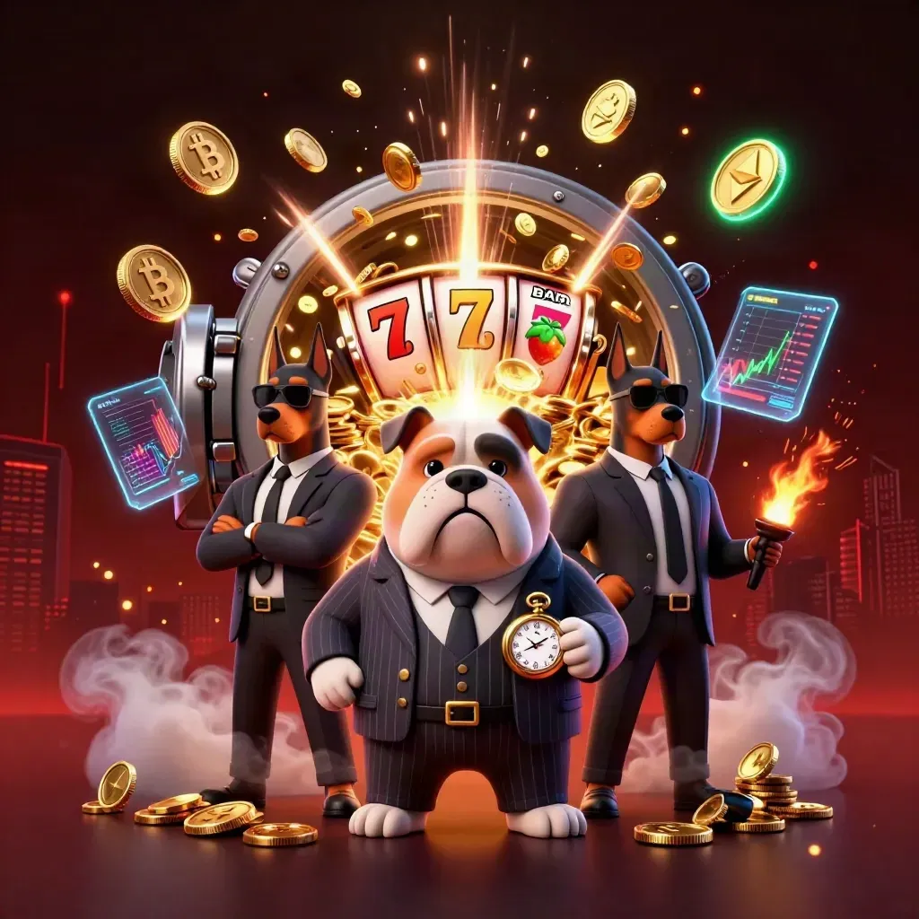 Bulldog mob boss and Dobermans amid vault blast, coins, crypto, reels, fireworks