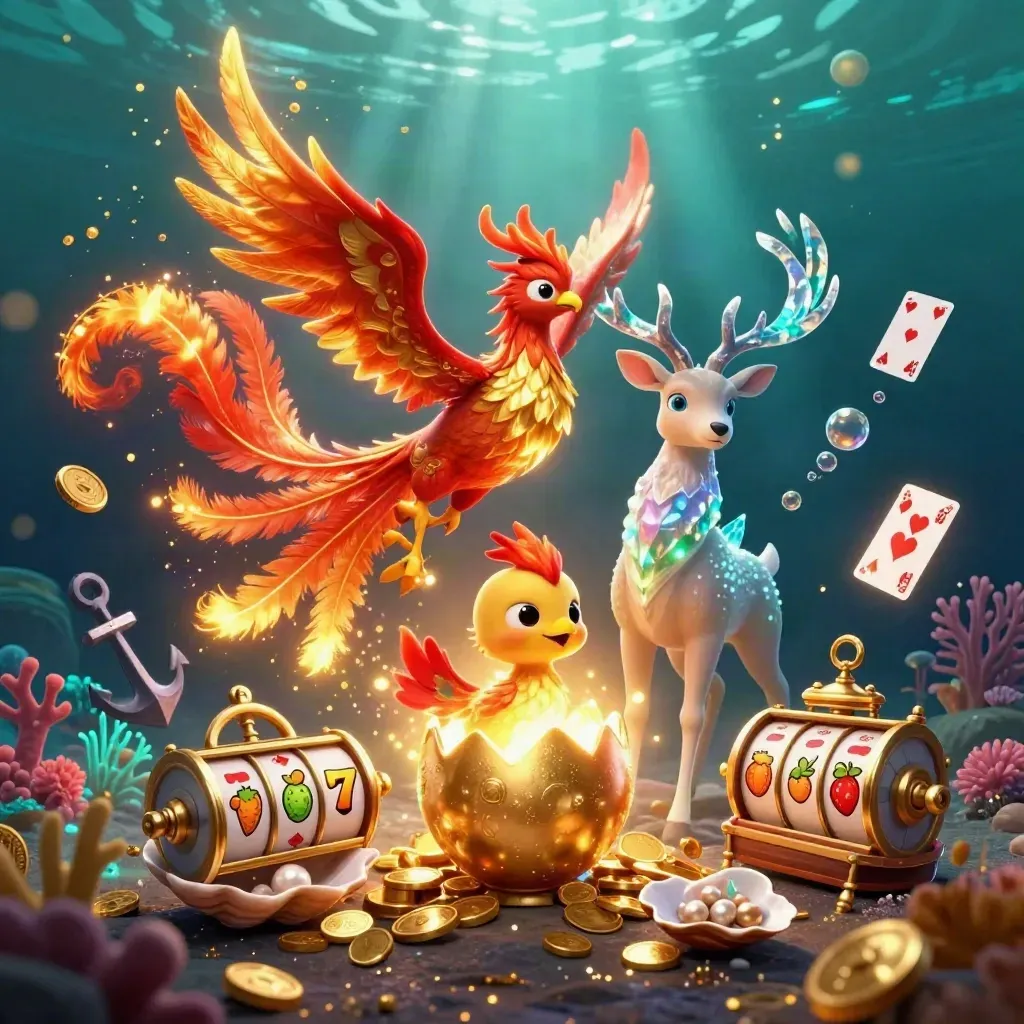 Phoenix, hatchling, and crystal-antler stag amid coins and underwater treasure glow