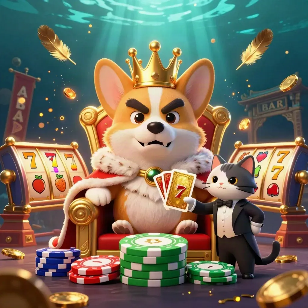 Royal corgi on chip throne with cat butler, slot reels, coins, temple gate, and glowing casino effects.