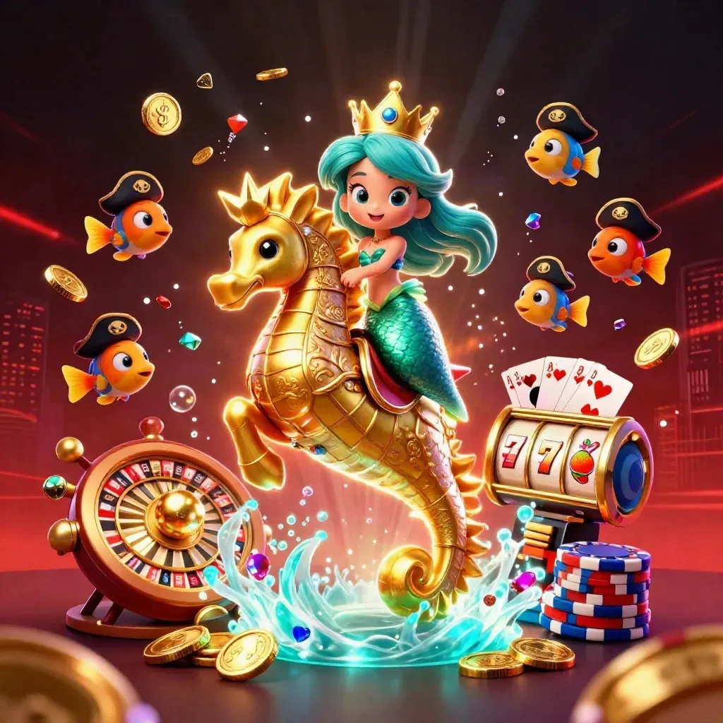 Mermaid princess on a golden seahorse amid casino coins, cards, chips and slot reels.