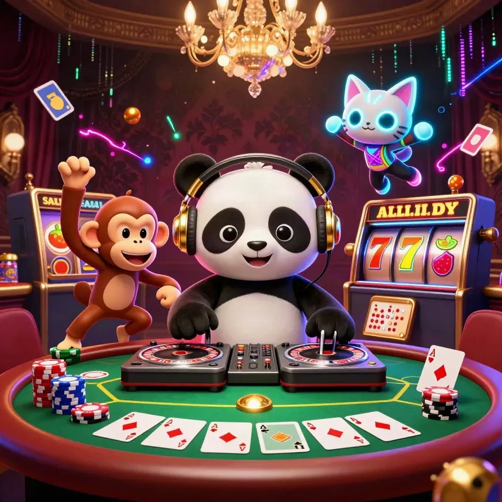 DJ panda, dancing monkey, and rave kitten amid casino chips and slot symbols