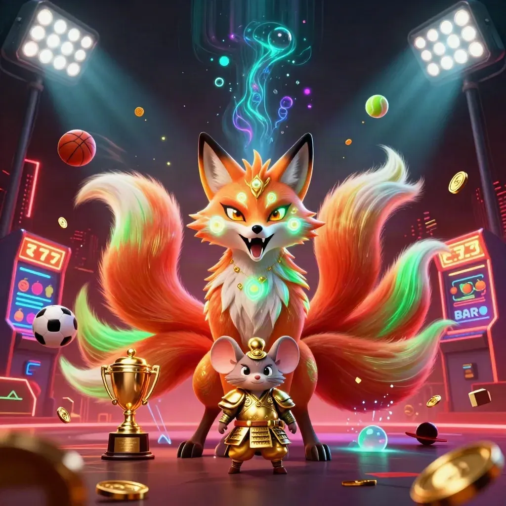 Crimson nine-tailed fox spirit and golden samurai mouse amid casino sports-luck effects