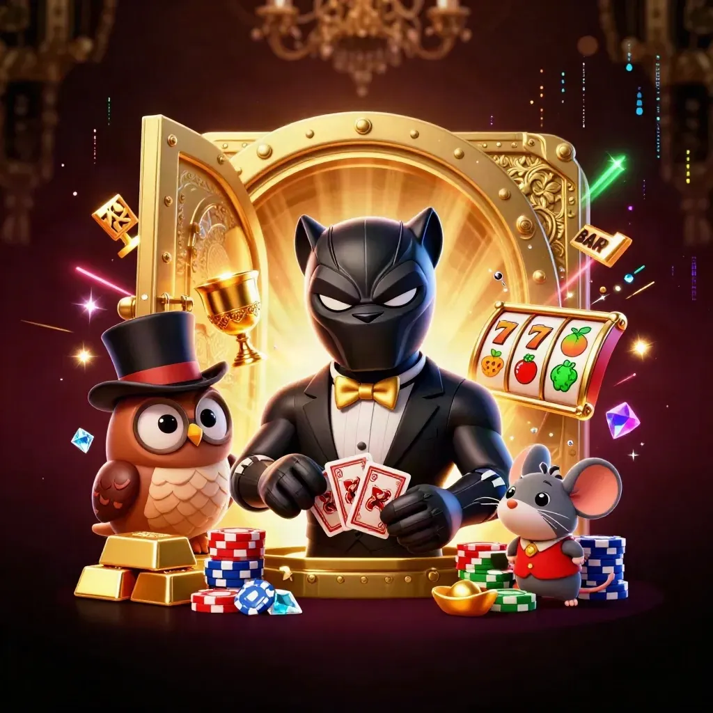 Black panther, owl and mouse in casino glamour with vault, gold, reels and neon energy.