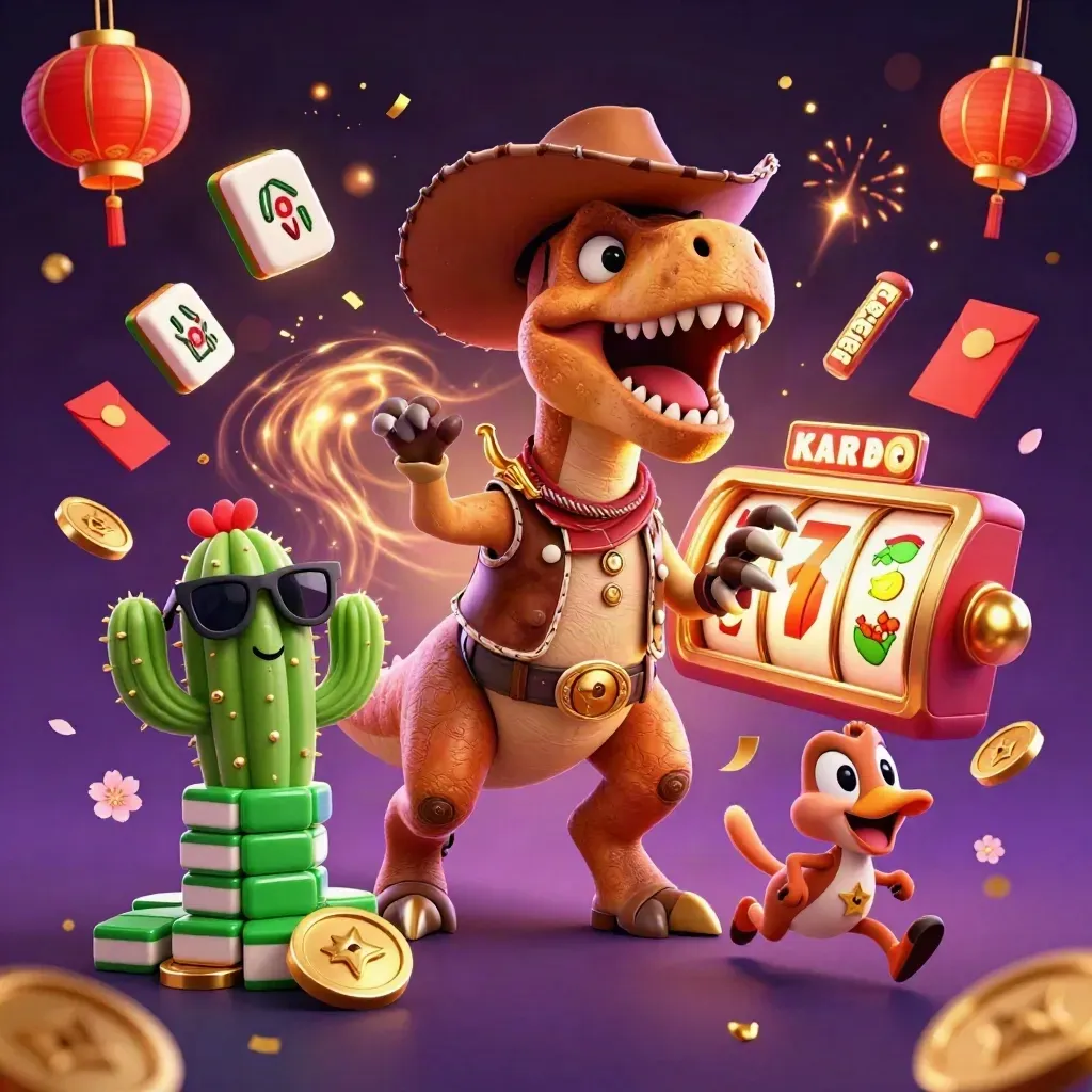 Cowboy T-Rex, cactus sidekick, and roadrunner amid casino reels, lanterns, coins, and neon sparks.