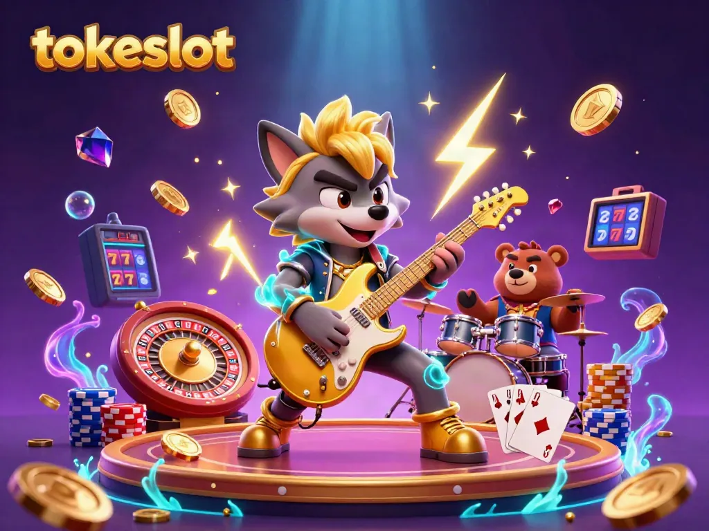 Experience the thrilling ambiance of tokeslot with a dynamic casino scene featuring a rock star wolf and playful bear.