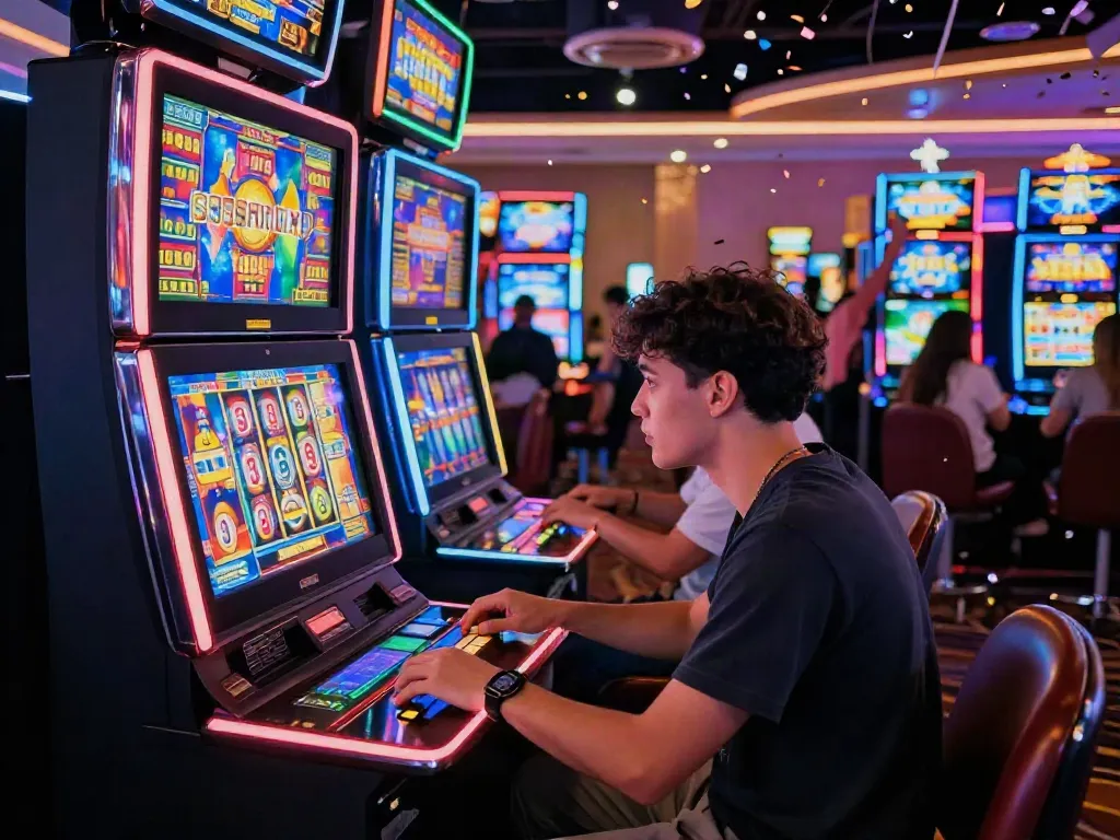 ผู้เล่นที่มีส่วนร่วมในสล็อตแมชชีนที่คาสิโนออนไลน์ joker gaming บรรยากาศเต็มไปด้วยแสงสีและความตื่นเต้น