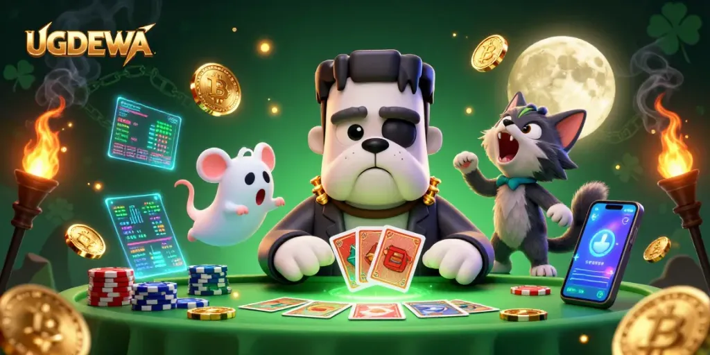 Experience the excitement of UGDEWA as a Frankenstein bulldog deals cards in a vibrant, ghostly casino.
