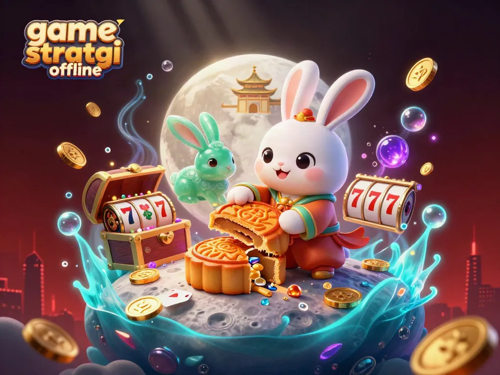Permainan game strategi offline menampilkan kelinci bulan dan simbol perjudian yang menarik.
