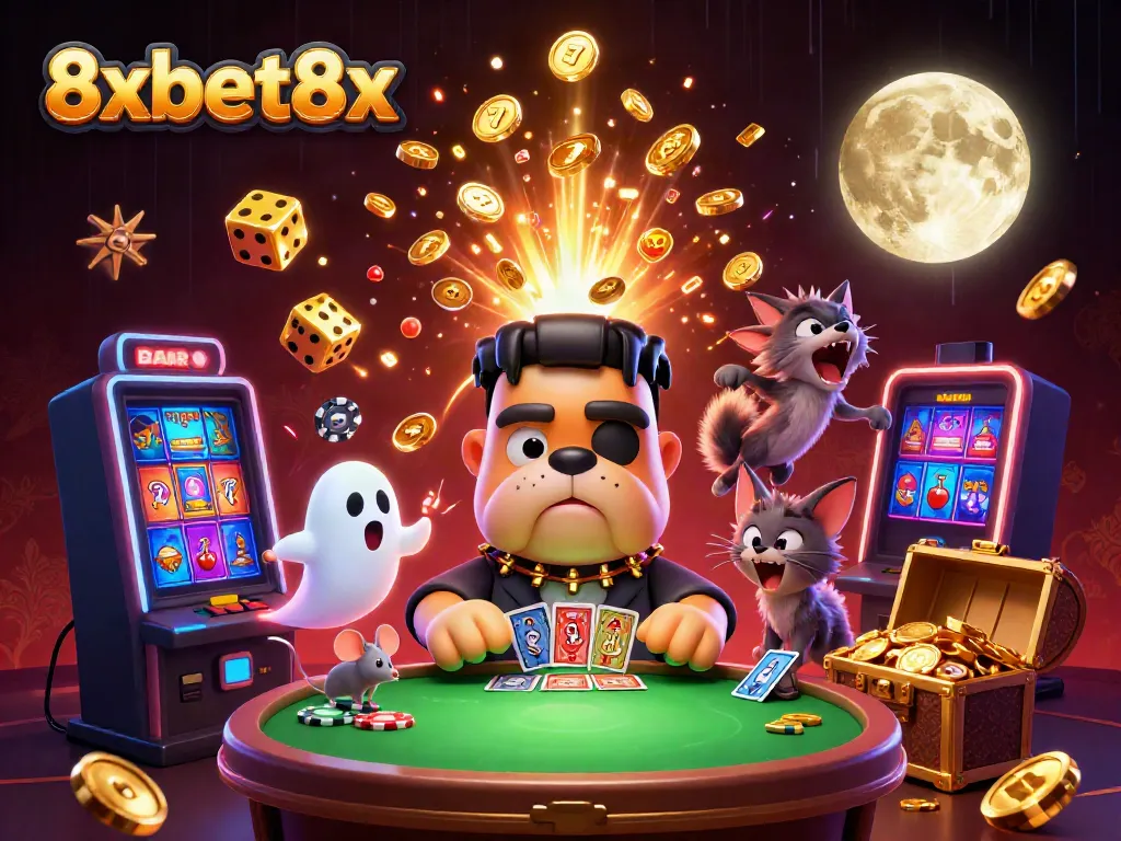 Experience the excitement of 8xbet8x with a cartoon Frankenstein bulldog dealer amidst casino fun and vibrant elements.