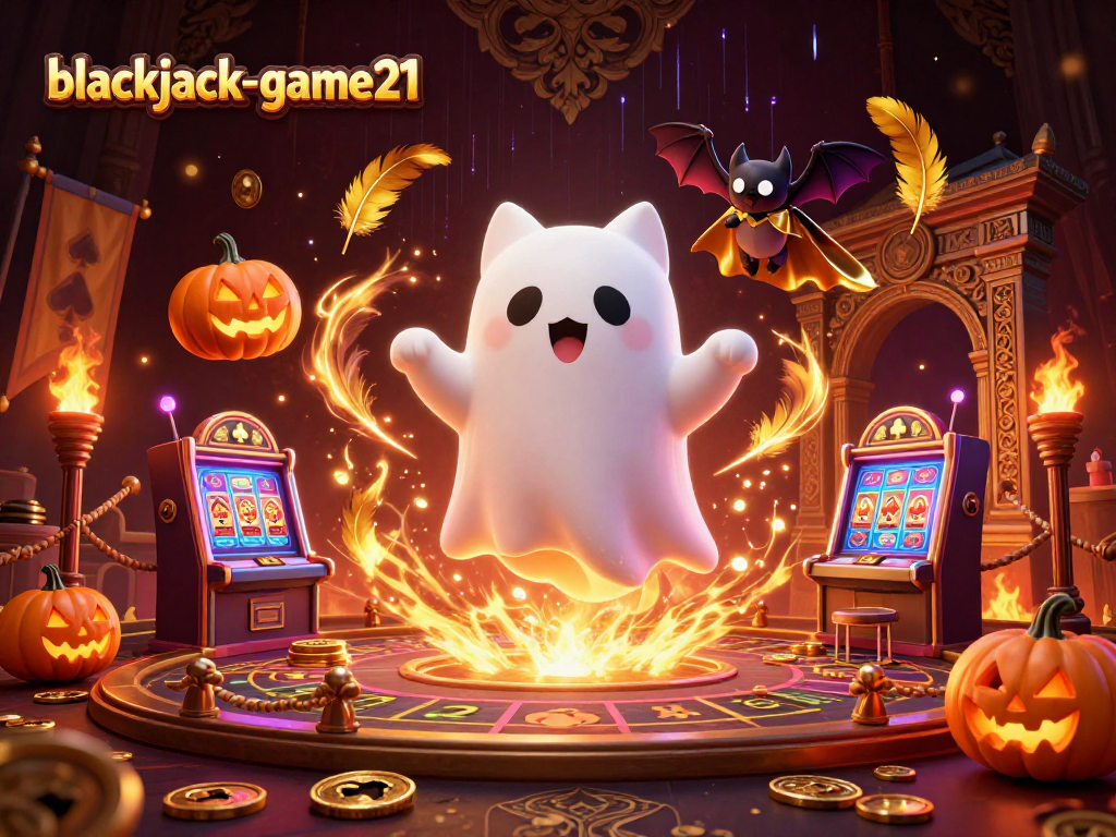 Engage in the thrilling ambiance of blackjack-game21 with a friendly ghost cat and vampire bat amidst vibrant casino elements.
