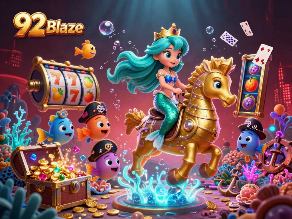 Experience the excitement of the 92 Blaze game with a mermaid and seahorse in an underwater casino adventure.