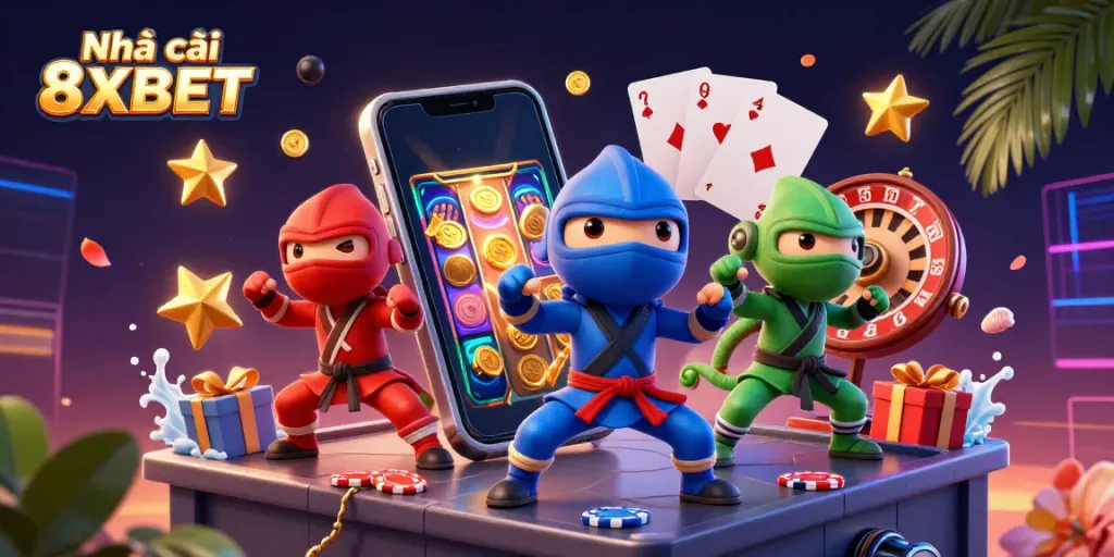 Experience exhilarating gaming with Nhà cái 8XBET as ninja chameleons enthrall in a high-stakes betting scene.