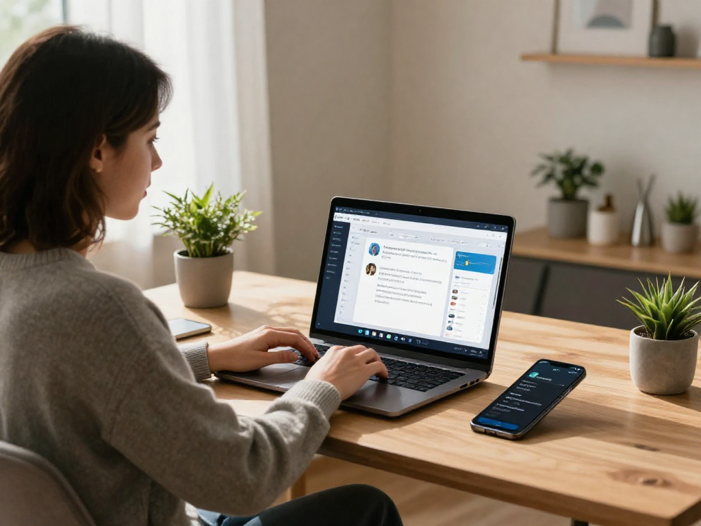 Engaged user accessing ToDesk remotely in a cozy home office.