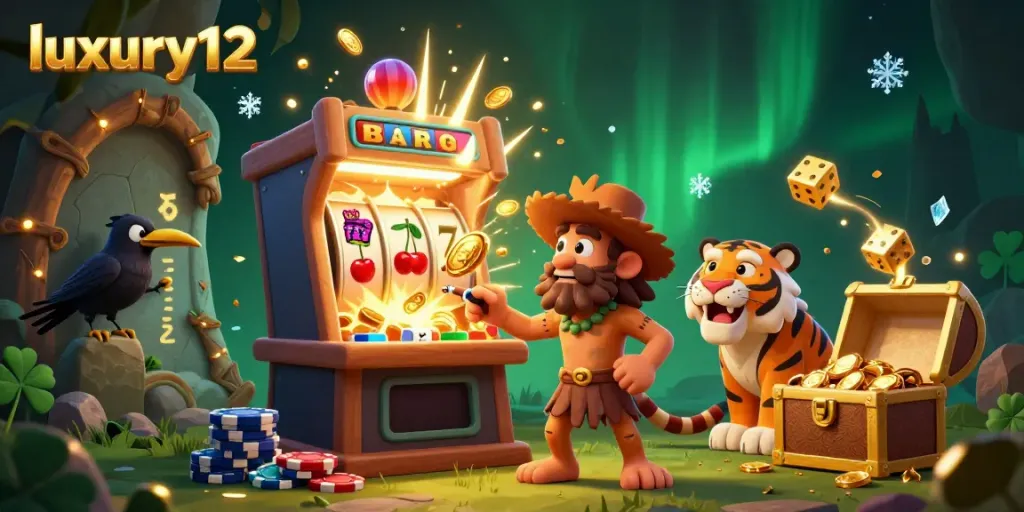Experience the excitement of luxury12 with a vibrant prehistoric casino scene featuring jackpots and playful characters.