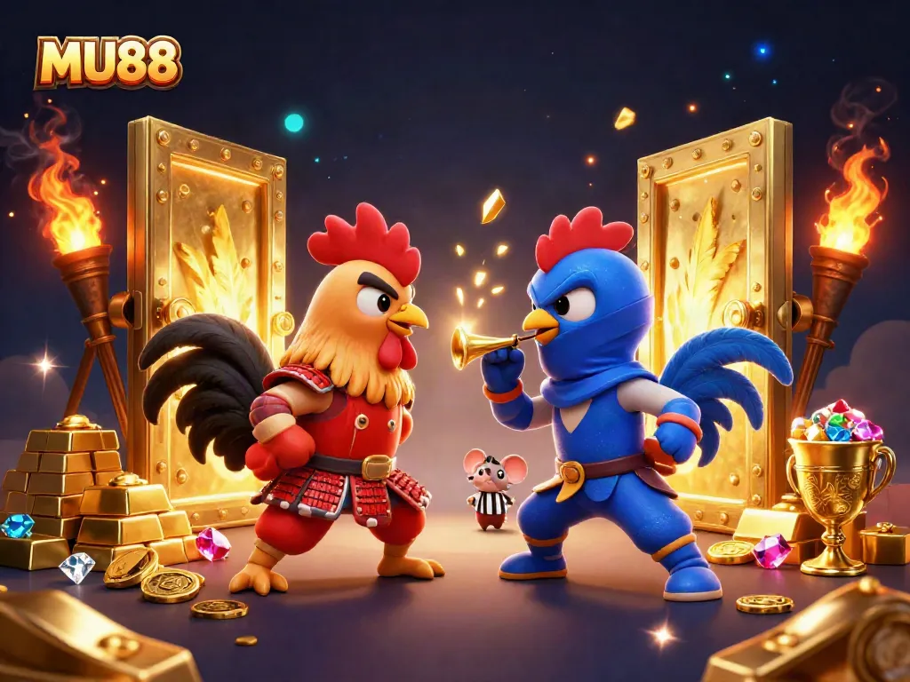 Engage with MU88 in a vibrant casino scene featuring dynamic rooster characters battling amidst treasures.