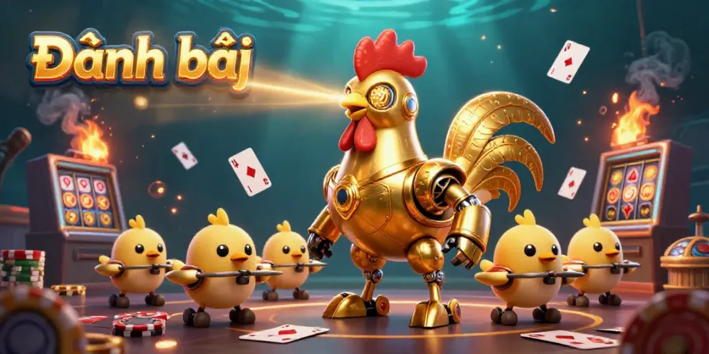 Experience Đánh bài with a dynamic casino scene featuring a golden rooster robot and playful characters.