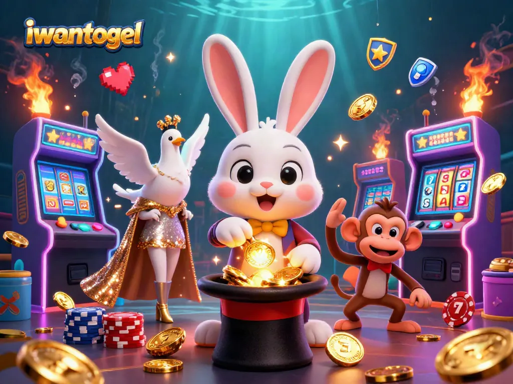 Win big with iwantogel as a magician rabbit pulls coins, featuring lively casino elements.