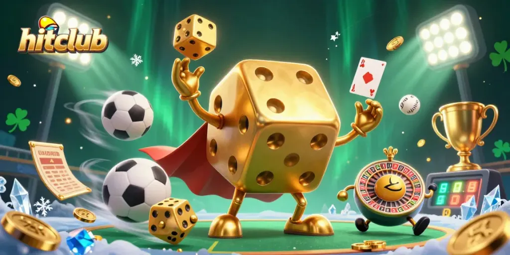 Join the excitement with hitclub's dynamic gaming scene featuring gold coins, sports elements, and playful characters.
