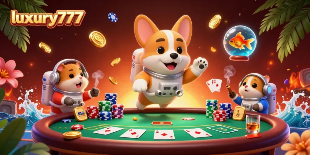 Experience luxury777 with floating poker chips and lively game elements in a whimsical casino scene.