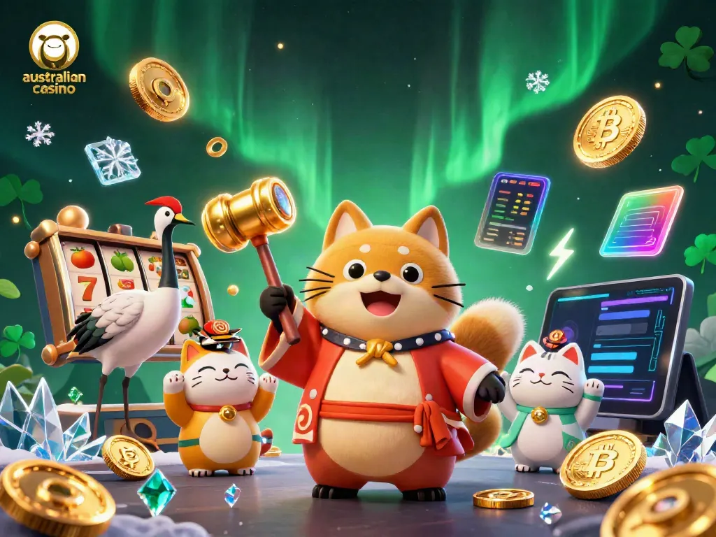 Engage with the vibrant australian casino scene featuring a cheerful tanuki and luminous crypto elements.