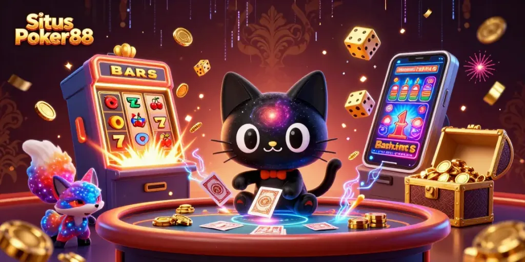 Situs Poker88 features a mesmerizing cosmic casino scene with captivating characters and dynamic game elements.