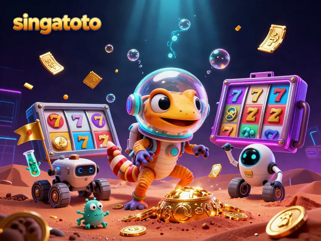 Experience the excitement of singatoto with a Martian gecko amidst a vibrant casino scene.