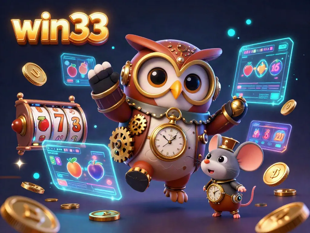 Experience thrilling spins with win33 on an engaging steampunk casino scene filled with slots and coins.