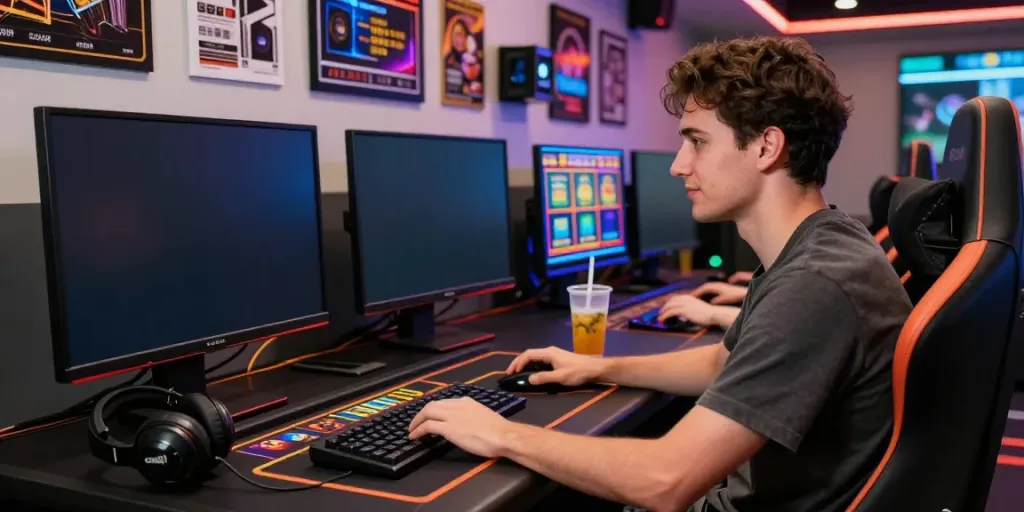 Player enjoying link slot games in a modern online gaming setup with vibrant atmosphere