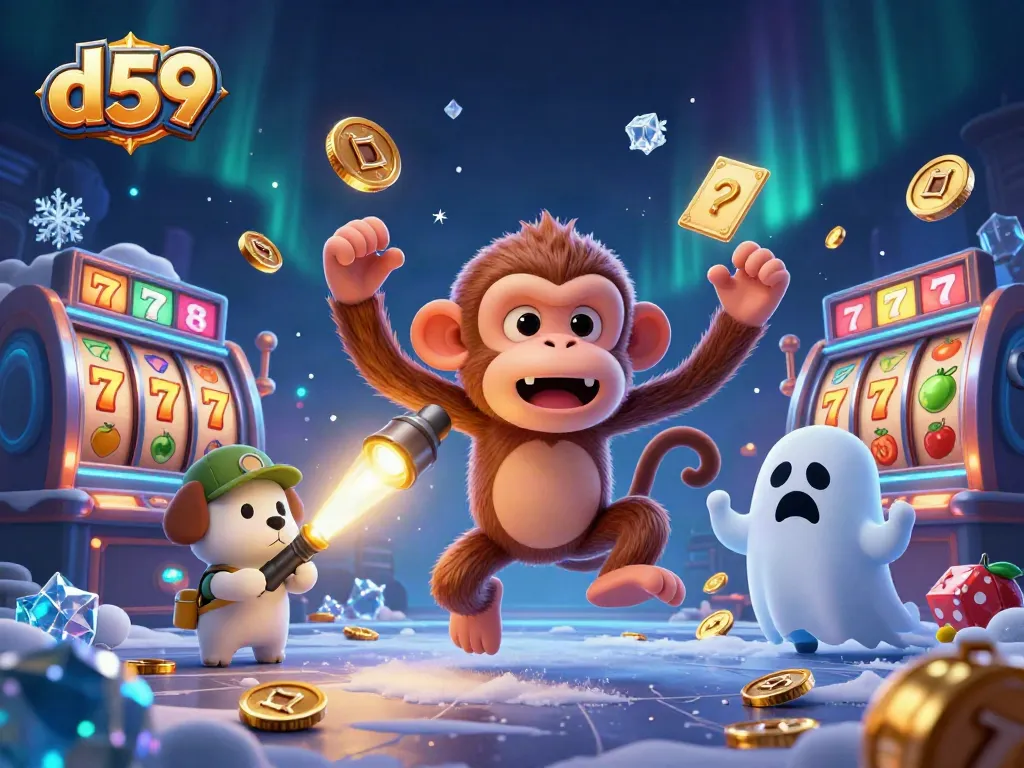 Experience the thrill of d59 with a poltergeist monkey and ghost-hunter puppy in a casino scene.