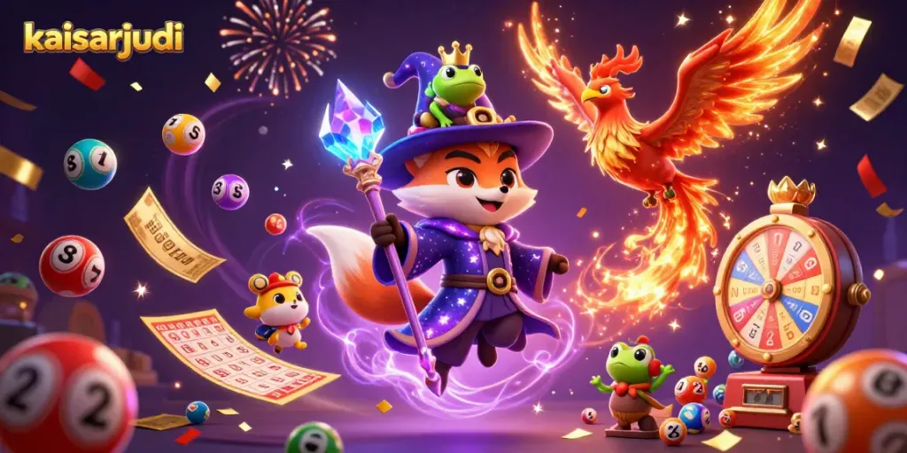 Engage with kaisarjudi in a vibrant 3D lottery scene filled with magical characters and exciting game elements.