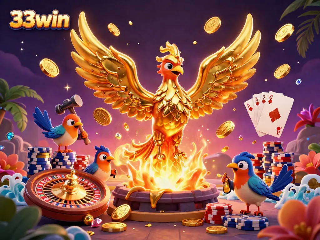 Experience the thrilling gold rush at 33win with a molten phoenix and animated casino elements.