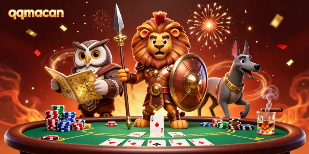 Engage with the qqmacan dynamic casino scene featuring a Spartan lion, tactical owl, and swift greyhound amidst exciting gaming elements.