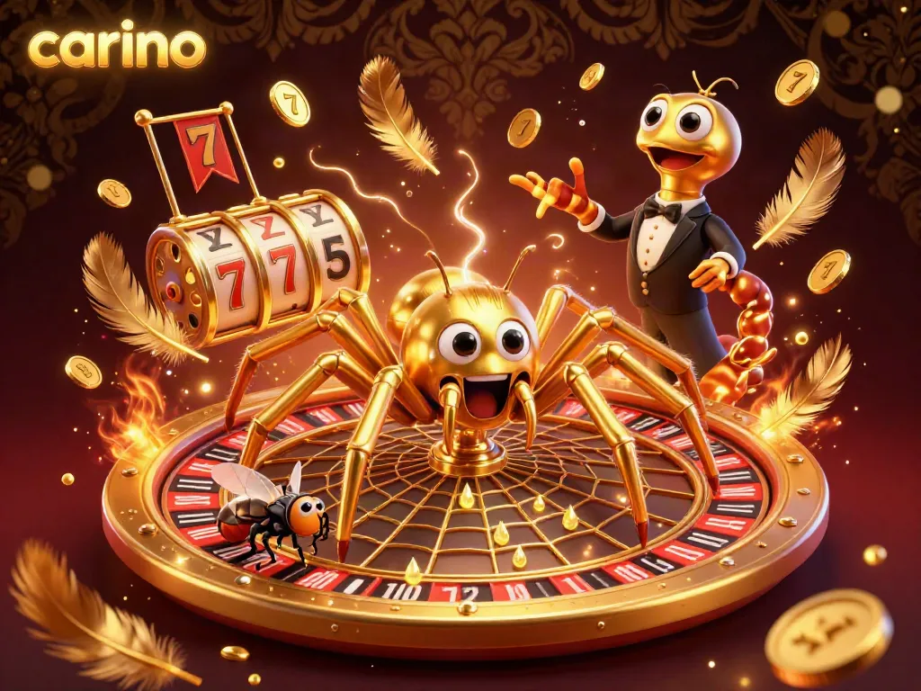 Experience thrilling bets with carino's animated roulette wheel illustration featuring a golden spider and croupier.