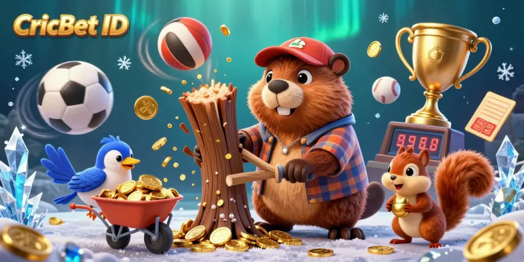 Experience CricBet ID action with beavers, coins, and dynamic sports elements in a lively casino scene.