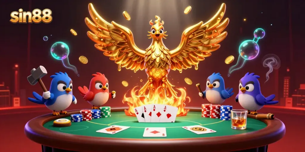 Players engage at the sin88 casino, with a golden phoenix delivering coins in a vibrant gaming atmosphere.